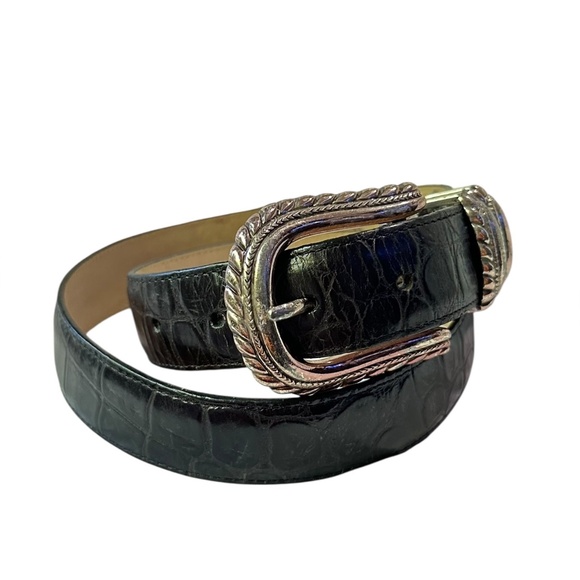 Vintage BRIGHTON Black Genuine Leather Croc Pattern Belt Unisex M - Picture 1 of 8
